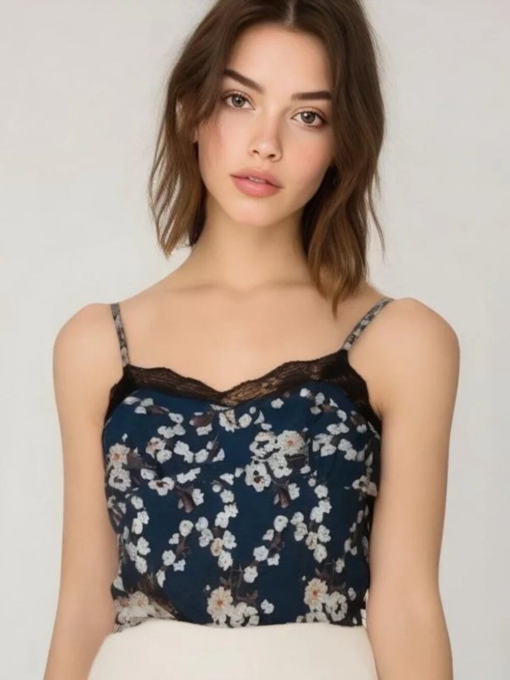 American Eagle Outfitters Y2K Silk Black Floral Lace-Trim Cami Top Size 6